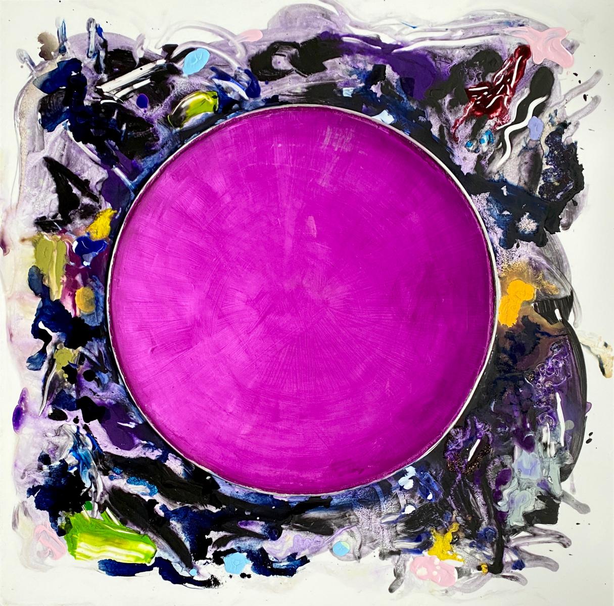 "Violet Host" | 2020 | 34" X 34" | Available in artist's frame | Tempera, acrylics and metallics on plexi with drip tray.