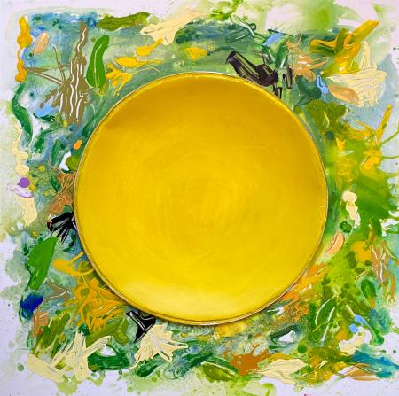 "The Yellow Host" | Tempera, acrylics and metallics on plexi with drip tray | 36" X 36" in artist's frame