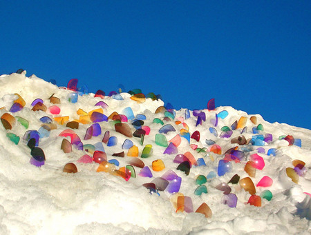 "Eye Candy" | Partial Installation view | 1,000 Colored Lenses on Snow | Beneath Gondola | Argentier, France | 2005