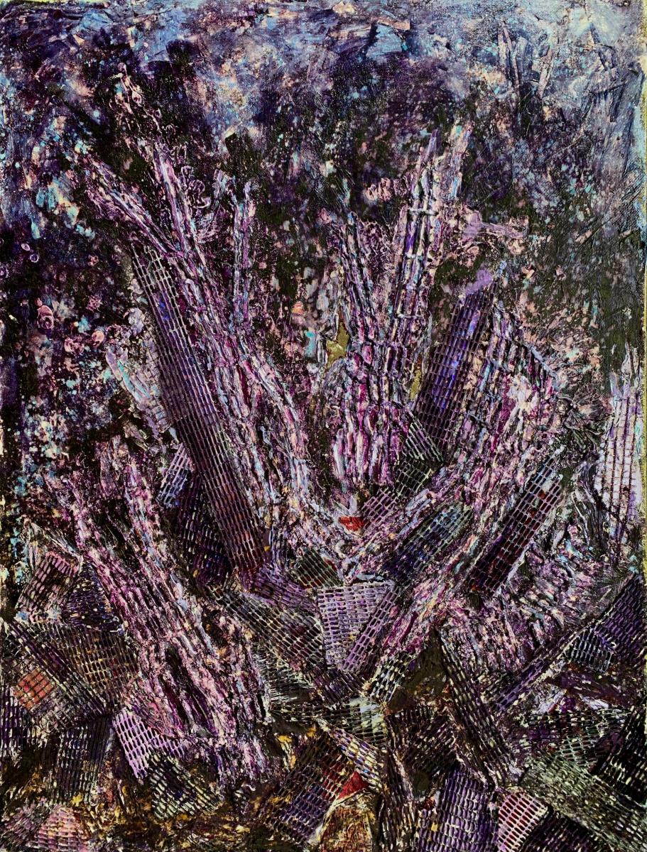 "Violet Alert" | From the series SHARDS | Liquid acrylics, metallics, plaster, dies and bleach with textile collage on tinted burlap mounted on 3/4" ply | 36" X 48".