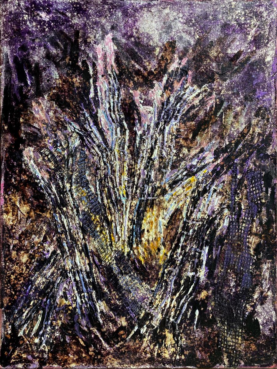 "Deep Purple Alert" | From the series SHARDS | Liquid acrylics, metallics, plaster, dies and bleach with textile collage on tinted burlap mounted on 3/4" ply | 36" X 48".