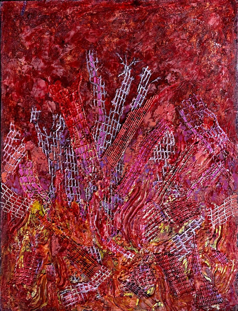 "Crimson Alert" | From the series SHARDS | Liquid acrylics, metallics, plaster, dies and bleach with textile collage on tinted burlap mounted on 3/4" ply | 36" X 48".