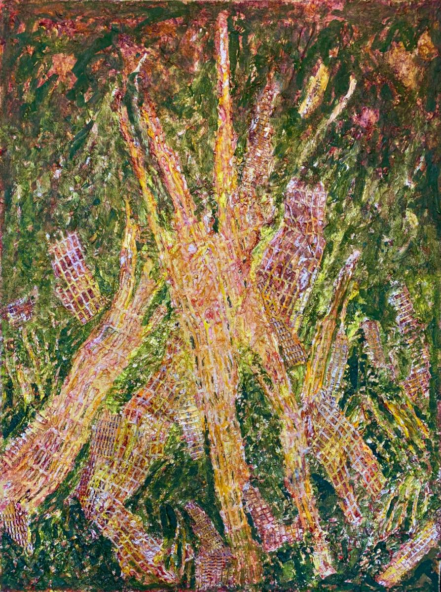  "Moss Green Alert" | From the series SHARDS | Liquid acrylics, metallics, plaster, dies and bleach with textile collage on tinted burlap mounted on 3/4" ply | 36" X 48".