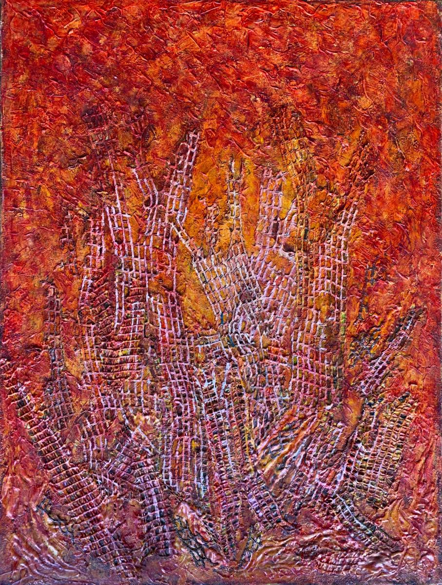 "Orange Alert" | From the series SHARDS | Liquid acrylics, metallics, plaster, dies and bleach with textile collage on tinted burlap mounted on 3/4" ply | 36" X 48".