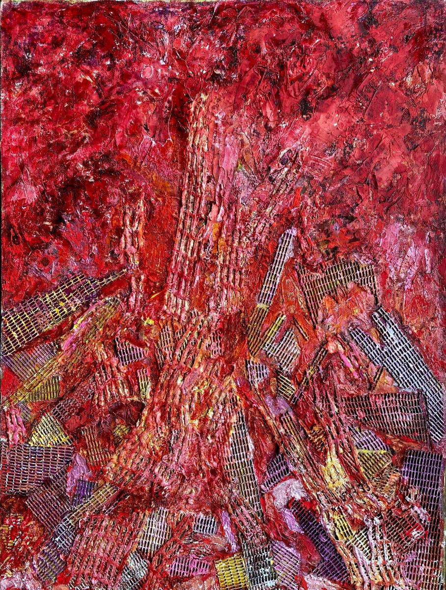 "Fuchsia Alert" | From the series SHARDS | Liquid acrylics, metallics, plaster, dies and bleach with textile collage on tinted burlap mounted on 3/4" ply | 36" X 48".