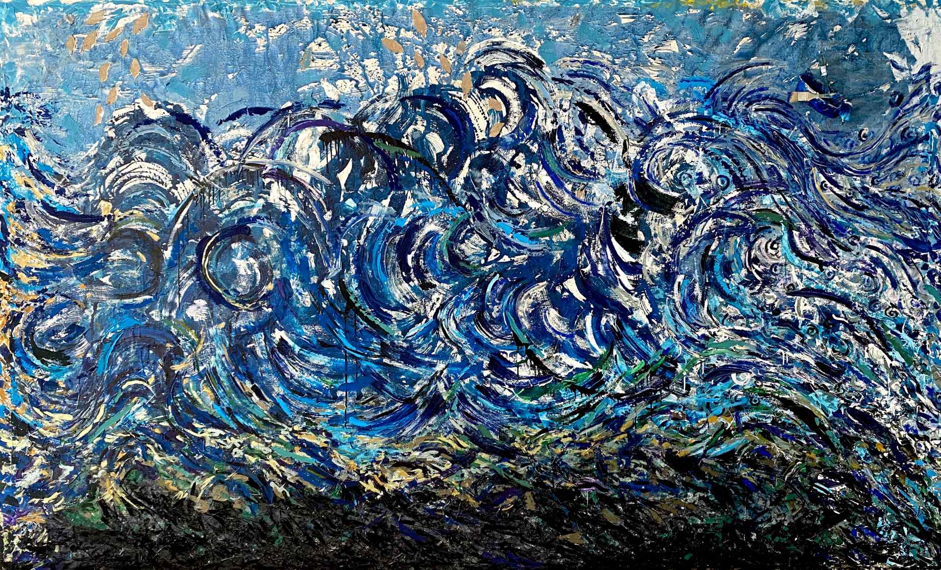 Phenomena | "The Wave" | 2008 | Oils, acrylics, ceramic adhesives with attached bowl and brushes on canvas | 86" X 140"