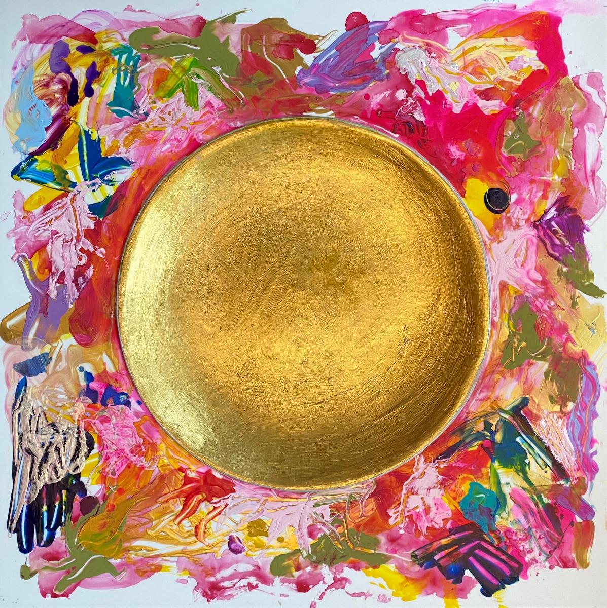 "Gold Host" | 2020 | 34" X 34" | Available in artist's frame | Tempera, acrylics and metallics on plexi with drip tray.