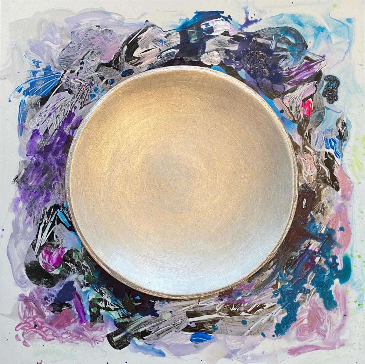 "Iridescent White Host" | 2020 | 34" X 34" | Available in artist's frame | Tempera, acrylics and metallics on plexi with drip tray.