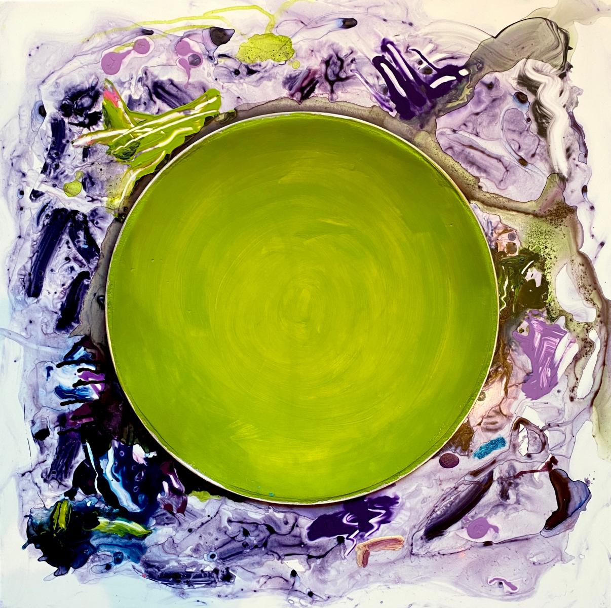 "Spring Green Host" | 2020 | 34" X 34" | Available in artist's frame | Tempera, acrylics and metallics on plexi with drip tray.