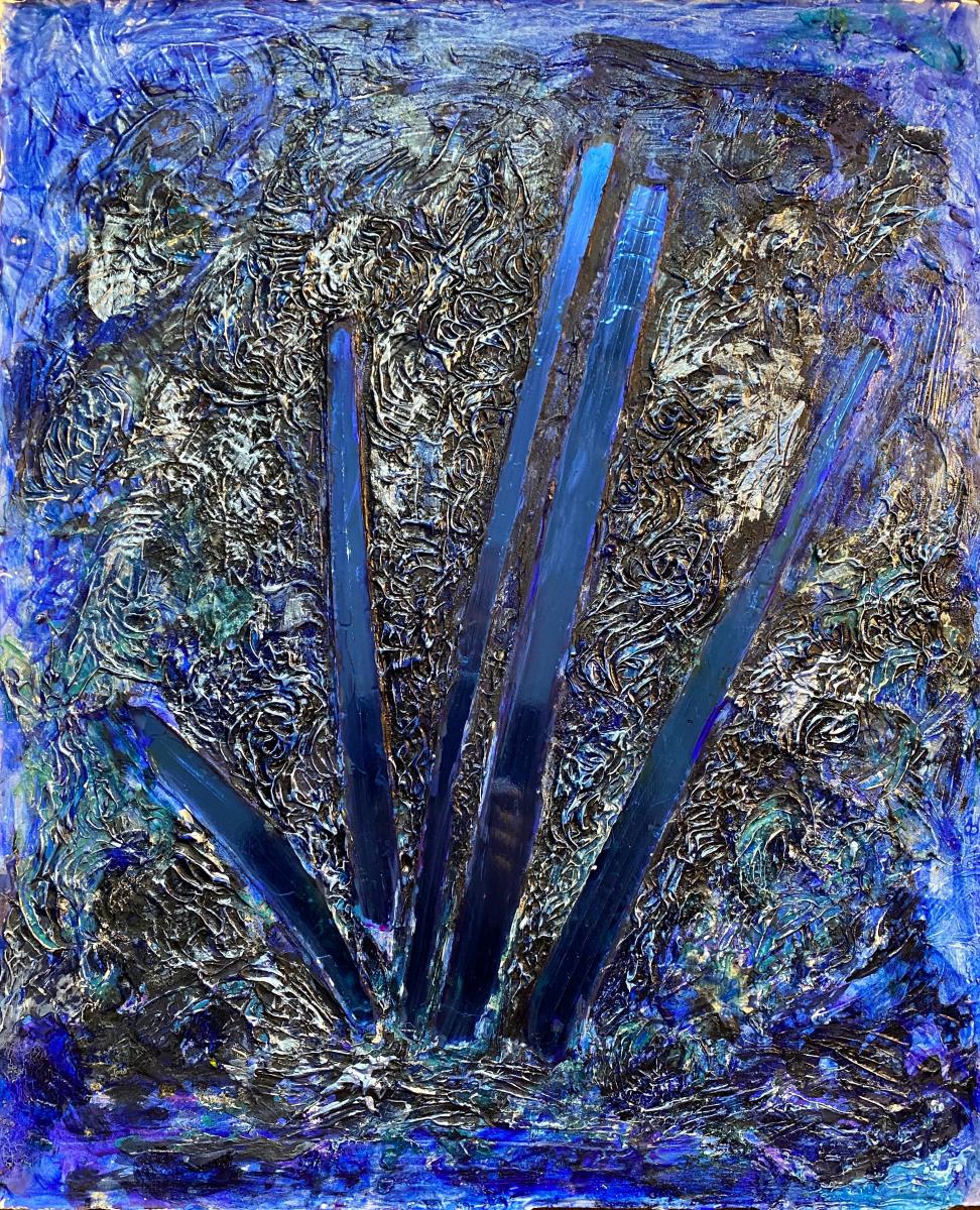 "Indigo Alert" | From the series SHARDS | Acrylics, tempera, and metallics with broken glass and plaster on board | 19" X 23" 