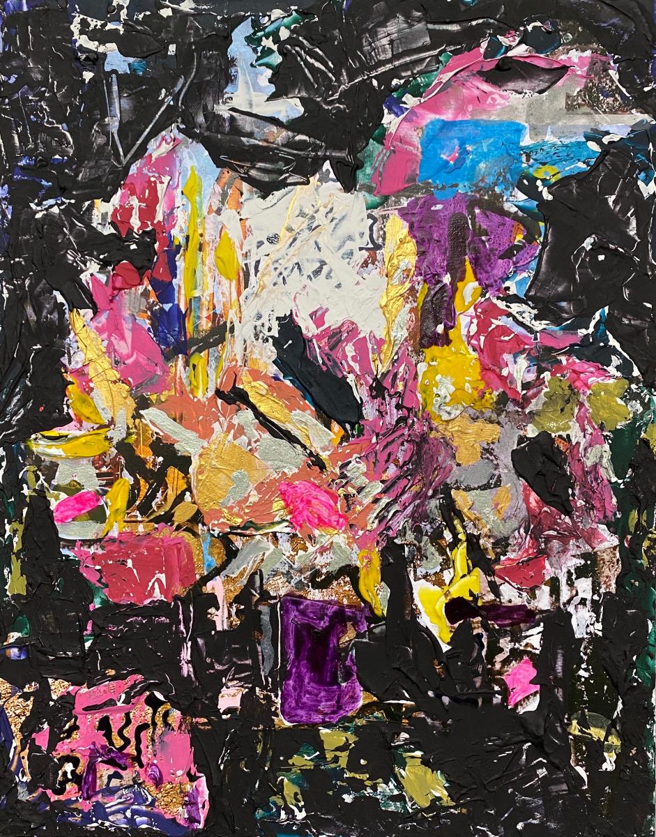 "Freeman's Alley & Irvington" |  From the series, FINDS | 2021 | Liquid acrylics, tempera and ceramic adhesive with photography on board | 11" X 14" 