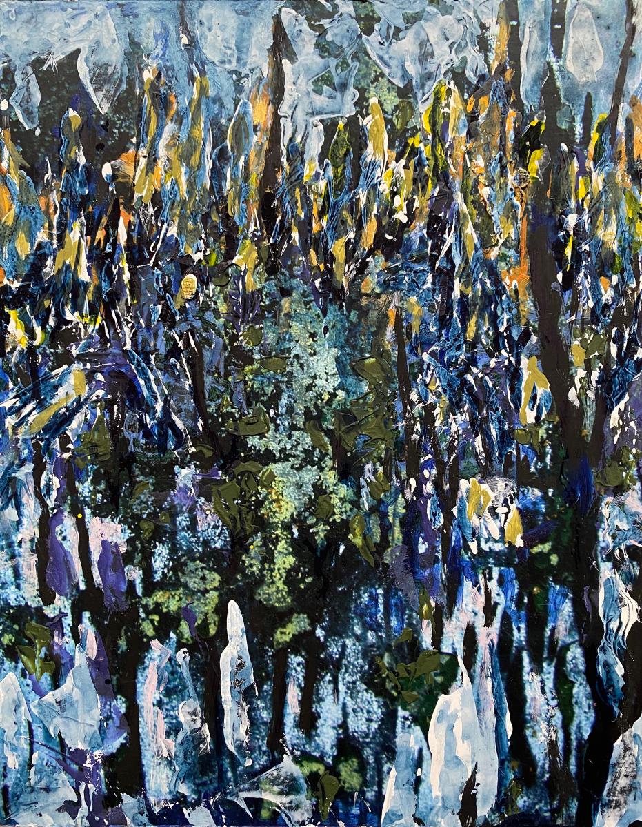 "Larch and Blue Spruce" | From the series, Origins | 2021 | Liquid acrylics  and tempera with ceramic adhesives on photography mounted on board | 11" X 14"