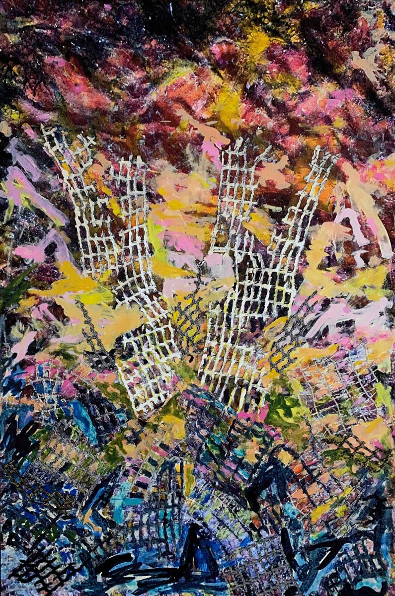 "Tupelo Rose Alert" | From the series SHARDS | Liquid acrylics, metallics, dies and bleach with textile collage on mounted inkjet print |  24" X 36".
