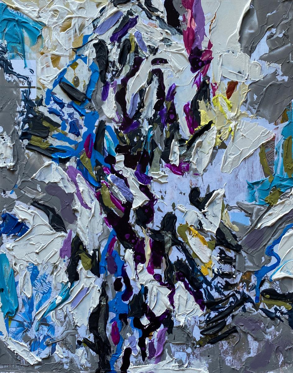 "Mulberry & Broom " |  From the series, FINDS | 2021 | Liquid acrylics, tempera and ceramic adhesive with photography on board | 11" X 14" 