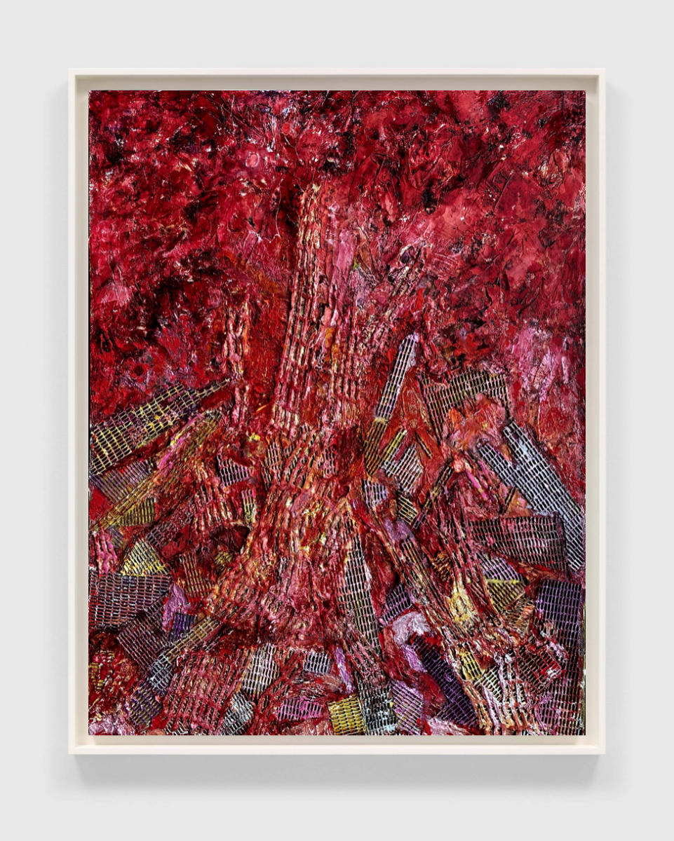 "Crimson Alert" | From the series SHARDS | Liquid acrylics, metallics, plaster, dies and bleach with textile collage on tinted burlap mounted on 3/4" ply | 36" X 48".