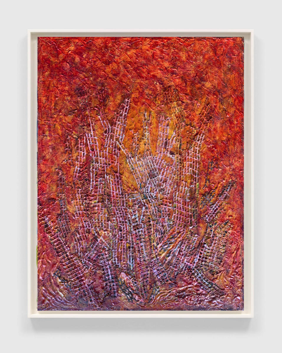 "Orange Alert" | From the series SHARDS | Liquid acrylics, metallics, plaster, dies and bleach with textile collage on tinted burlap mounted on 3/4" ply | 36" X 48".