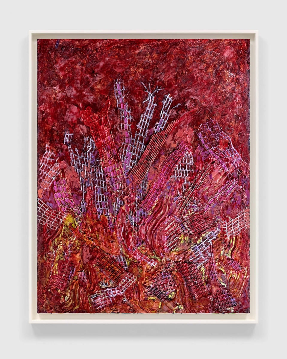 "Crimson Alert" | From the series SHARDS | Liquid acrylics, metallics, plaster, dies and bleach with textile collage on tinted burlap mounted on 3/4" ply | 36" X 48".