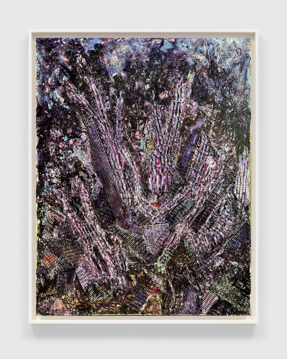 "Violet Alert" | From the series SHARDS | Liquid acrylics, metallics, plaster, dies and bleach with textile collage on tinted burlap mounted on 3/4" ply | 36" X 48".