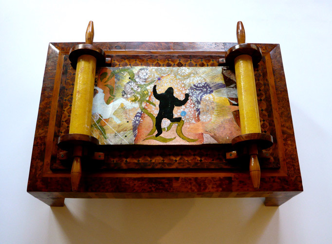 Scroll | "The Feeling Of What Happens" | Multi-media paints & collage with acacia wood reader | 24" X 36"; 168" opened | 2005