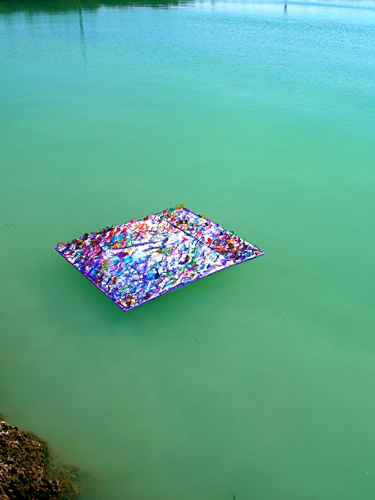 "Floating work 1" | Multi-media paints with lenses on styrofoam panel, sent out to sea | 36" X 58" | Key West | 2001