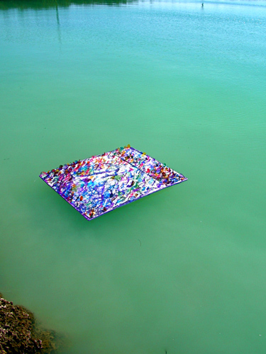 "Floating work 1" | Multi-media paints with lenses on styrofoam panel, sent out to sea | 36" X 58" | Key West | 2001