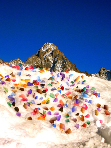 "Eye Candy" | Partial Installation view | 1,000 Colored Lenses on Snow | Beneath Gondola | Argentier, France | 2005