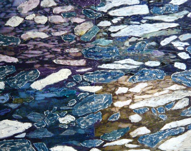 Ice | "4 Moments #1" | Oils, acrylics, ceramic fixative, marble, photography & ink-jet printing on masonite panels | 21.5"" X 28" | 2009 