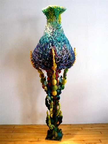 Miracle Growth | "Blue Bulb" | Oils, acrylics, & stains on chiseled foam | 26" X 96" | 2009