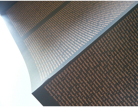The book opens with a double gatefold upon which every victim's name is printed in full (including nick names), in iridescent gold, without a single name bridging a line break, a noteworthy typographical achievement. 