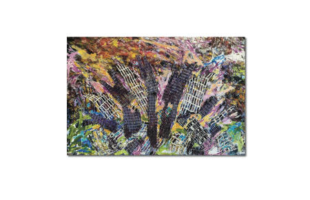  "Saffron Alert" | From the series SHARDS | Liquid acrylics, metallics, dies and bleach with textile collage on mounted inkjet print |  24" X 36".