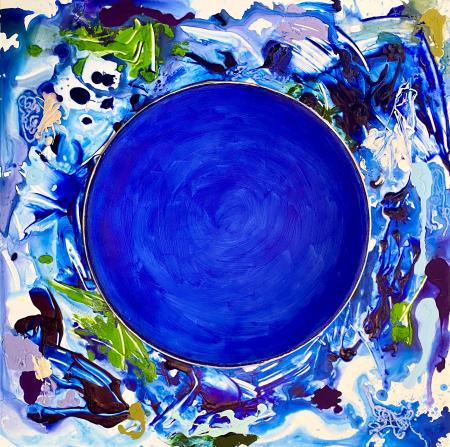"Blue Host" | 2020 | 34" X 34" | Available in artist's frame | Tempera, acrylics and metallics on plexi with drip tray.