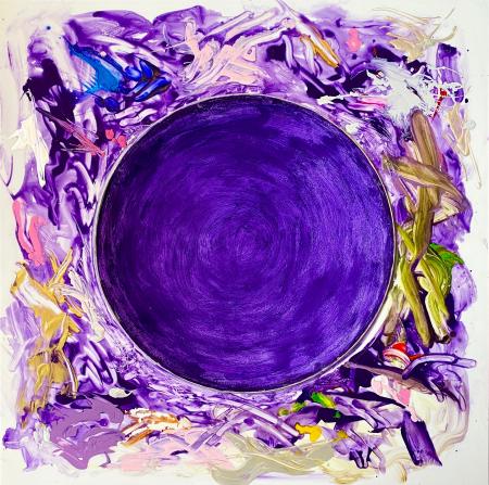 "Purple Host" | 2020 | 34" X 34" | Available in artist's frame | Tempera, acrylics and metallics on plexi with drip tray.