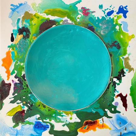 "Turquoise Host" | Tempera, acrylics and metallics on plexi with drip tray | 36" X 36" in artist's frame.