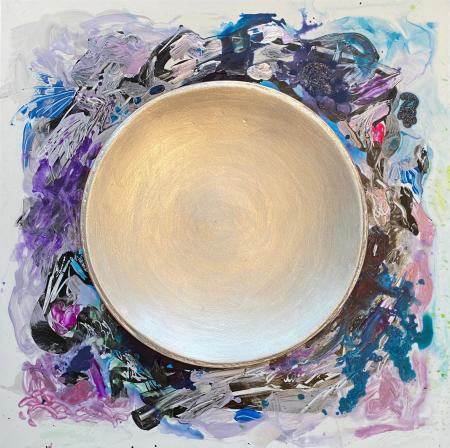 "Iridescent White Host" |Tempera, acrylics and metallics on plexi with drip tray | 36" X 36" in artist's frame.