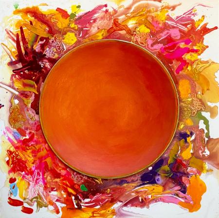 "Orange Host" | 2020 | 34" X 34" | Available in artist's frame | Tempera, acrylics and metallics on plexi with drip tray.