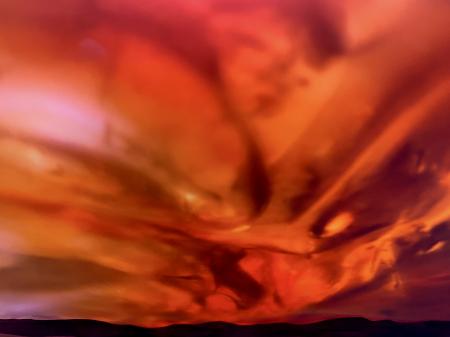 "Post-detonation Sky #2, At 4 Hours, 30 Miles From Ground Zero 1" | Multimedia painting & photography combined on archival gold metal.