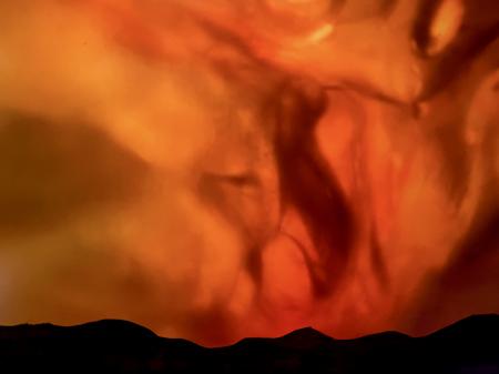 "Post-detonation Sky #3, At 4 Hours, 18 Miles From Ground Zero 1" | Multimedia painting & photography combined on archival gold metal.