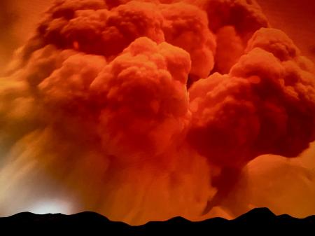"Expanding Cloud View, At 22 Seconds, 25 Miles From Ground Zero 1" | Multimedia painting & photography combined on archival gold metal.