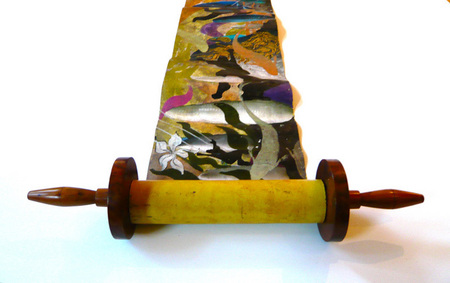 Scroll | "The Feeling Of What Happens" | Partial view | Multi-media paints & collage with acacia wood reader | 168" opened | 2005