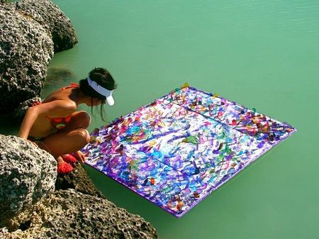 "Floating work 1" | Multi-media paints with lenses on styrofoam panel, sent out to sea | 36" X 58" | Key West | 2001