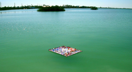 "Floating work 1" | Multi-media paints with lenses on styrofoam panel, sent out to sea | 36" X 58" | Key West | 2001