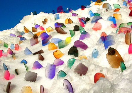 "Eye Candy" | Partial Installation view | 1,000 Colored Lenses on Snow | Beneath Gondola | Argentier, France | 2005