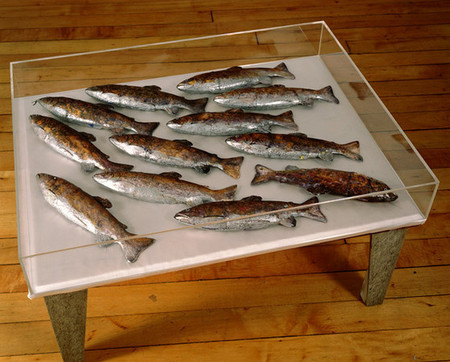 "Fish" | Multi-media paints on plastic pencil cases, on plexi box table | 30" X 24" X 17" | 1995